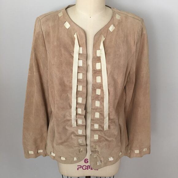 Bradley Bayou Beige Tan Genuine Suede Ribbon Trim Leather Jacket Size Medium - Picture 9 of 12